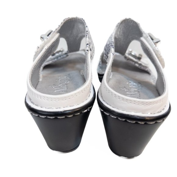 Alegria Womens Size 35 (US 5.5) Sandal Lara Posh Wedge Silver White Snake Print - Picture 7 of 8